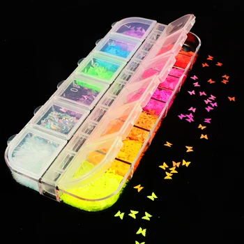 1 Gadījumā Fluorescences Dobi Zvaigžņu Sirds Formas Glitter Neona Nagu Vizuļi Vasaras Spīdīgu Pārslas Polijas Manikīrs, Nagi, Mākslas Rotājumi