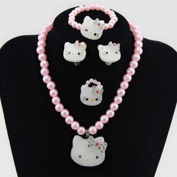 1set Lovely Baby Meitenes Mākslīgas Pērles Kaķēns kaķis Kulons, Kaklarota, Rokassprādze, Gredzens Komplekts Bērniem Bērnu Rotaslietas komplekti Xmas Dāvanas