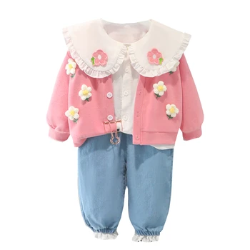 2022. Gada Pavasarī Baby Meiteņu Apģērbu Komplekti, Zīdaiņu Drēbes, Apģērbs Jaundzimušajiem Ziedu Segas Mežģīņu Krekls, Džinsi Bērniem Brīvdienas Kostīms