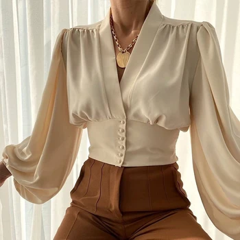 2022 Jaunā Pavasara Elegants Laternu garām Piedurknēm Krekli ar V-veida kakla Pogu tīrtoņa Krāsu Drukas Slim Krekls Gadījuma Modes Dāma Biroja Blūzes