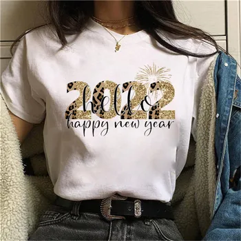 2022 Laimīgu Jauno Gadu, Sieviešu T-krekls Modes Dāma Brīvdienu Ziemassvētku un Jaunā Gada Topi Karikatūra Sieviešu Krekls Balts Tshirt