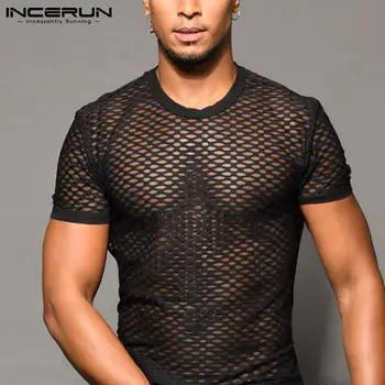 2022 Vīriešu Acu T Krekls Backless Redzēt Cauri O-veida kakla Īsām Piedurknēm Dobi No Vīriešu Apģērbu Sexy Streetwear Camisetas S-5XL INCERUN 7