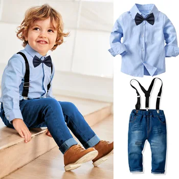 2gab Bērniem Zēns Apģērbu Komplekts Kokvilna Baby Boy Apģērbs, Zils Krekls+Zeķu Bikses Džentlmenis Zēnu Apģērbu, Dzimšanas dienas svinības Bērniem, Apģērbs