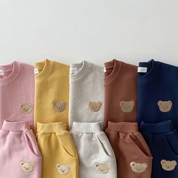 2gab/komplekti, Bērnu Apģērbu tīrtoņa Krāsu Apaļu Kakla Lācis Druka Izšūšana Sporta Krekls + Bikses Boutique Tērpiem Toddler