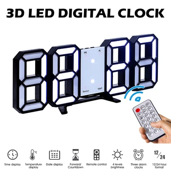 3D LED Digitālais Modinātājs, Galda, Sienas Tālvadības Pulkstenis Nightlight ar 12/24 Stundu Displejs 4 Spilgtuma Office Home Istaba