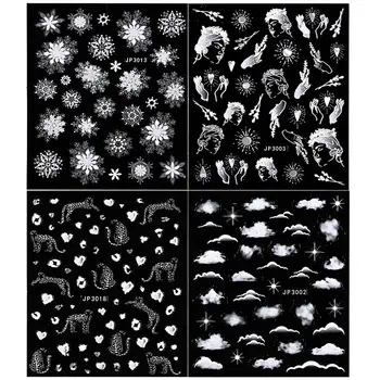 4 Lapas Sniegpārsliņas Ziedu 3D Uzlīmju Komplekts Melnā Un Baltā Pārsūtīt Uzlīmes Uzlīmes Nagiem Sky Kaķis Skaistumu Slīdni Dekori