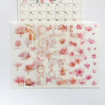 6 Loksnes /Iepak Romantisku Pavasara Sakura Washi Papīra Līmi Dekoratīvās Etiķetes, Uzlīmes Stick Apdare Uzlīmes