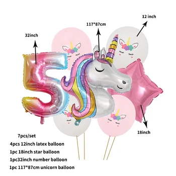 7pcs Unicorn Balonu Komplekts Rainbow Folija Numuru Balonu Bērnu Dušas Dekoru Globos Mazulis dod priekšroku Unicorn Tēmu Dzimšanas dienas svinības Apdare