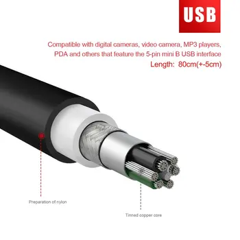 80cm USB 2.0 Vīriešu, lai Mini-B 5-pin Uzlādes Kabelis, Digitālās Kameras, MP3 / MP4 Atskaņotāja Lādētāju, USB Datu Kabeli