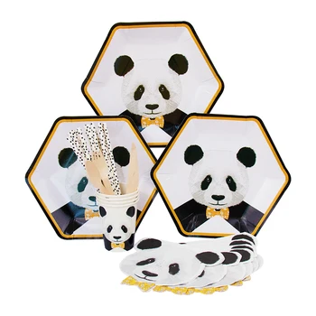 8Guests Vienreizējās lietošanas Panda Tablewear Komplekti Papīra Tases, Šķīvji Salvetes Kāzas, Dzimšanas dienas svinības Apdare Piederumi Eco-Friendly