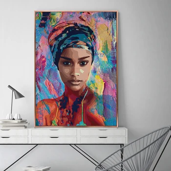 Abstrakti Krāsains Sievietes Portrets Kanvas Glezna Āfrikas Meitene Plakāti un Izdrukas Cuadros Sienas Mākslas Aina Dzīvojamā Istaba Dekori