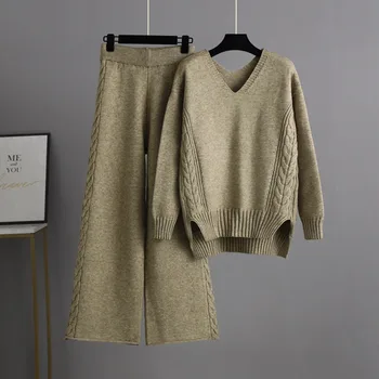 Adīts Divas Gabals Komplekti Sieviešu Džemperis Un Bikses Cietā Classic Vītne Raibs Modes Biroja Lady Sieviešu Gadījuma Ziemas Komplekti 2021