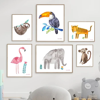Akvarelis Dzīvniekiem Flamingo Slinkums, Lauva, Zilonis, Wall Art Audekls Gleznošanai Ziemeļvalstu Plakāti Un Izdrukas Sienas, Attēlus, Bērnu Istabas Dekors