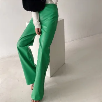 Alinemyer Bikses Sievietēm Zaļās Mākslīgās Ādas Bikses Sievietēm, Kas Augstu Vidukļa Sieviete Bikses Rudens Ir 2021. Modes Streetwear Baggy Bikses