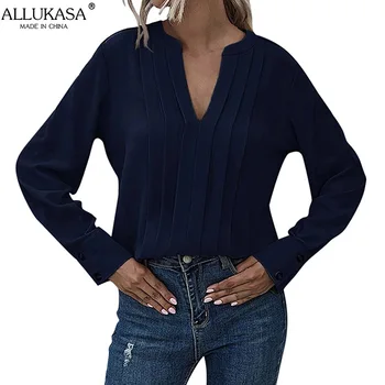 Allukasa Šifona Sieviešu Blūze Sieviešu V Kakla Gadījuma Garām Piedurknēm Kroku Vienkrāsainu Džemperi Modes Biroja Krekls Dāmas Apģērbs