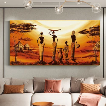 Anotācija Saulrieta Ainavas Kanvas Glezna Retro Āfrikas Sievietēm Plakāti un Izdrukas Sienas Mākslas Ainu, viesistaba, Mājas Dekoru