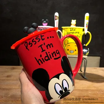 Augstas Kvalitātes Disney Mickey Minnie Pūks Kafijas Krūze Piena Krūze Ceļojumu Krūze TeaMug Dzeramā Kausa Pāris Krūze Ar Vāku, Ar Keramikas Karoti