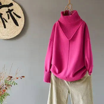Augstu uzrullētu apkakli džemperis sievietēm ārvalstu modes dāmas rudens/ziemas riska ierobežošanas jaunu zaudēt garām piedurknēm tīrtoņa krāsas adīts tops