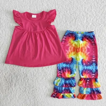 Baby Girl Tie Krāsošanas Vasaras Apģērbu Chidlren Boutique Īsām Piedurknēm Vēstuli, Krekls Krāsains Bell Dibenu Bikses Zīdaiņu Toddle Tērpiem