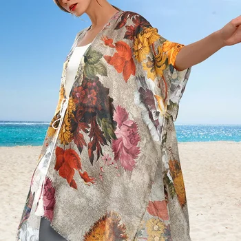 Boho Vintage Ziedu Drukāt Kimono Uz Augšu, Sieviešu Bohēmijas V Kakla Plats Piedurknes Īsas Pludmales Bikini Drēbes Zaudēt Plus Lieluma Beachwear