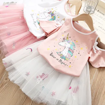 Bērni, Meitenes Vasaras Apģērbu Komplekts Unicorn Iespiesti Baby Toddler Apģērbu Komplekts Gudrs Unicorn Izšuvumi Tutu Svārki Komplekti 2019 Jaunu Stilu