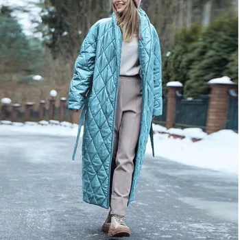Ciets Zilā Polsterēta Jaka Ir 2021. Sieviešu Rudens Ziemas Modes Lielgabarīta Maxi Drēbes Ilgi Parka Gadījuma Virsdrēbes