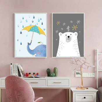 Cute Dzīvnieki Leduslācis Zilonis Izdrukas Ziedu Boho Sienas Art Attēlu Audekls Gleznošanai Plakāti Cartoon Kids Meiteņu Guļamistabu Mājas Dec