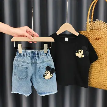 Disney Zēni Meitenes Mickey Mouse Kokvilnas T-kreklu apdruka, Drēbes, Uzstādīt Modes Zēni Karikatūra Īsām Piedurknēm Džinsu Bikses Tracksuit Tērpiem