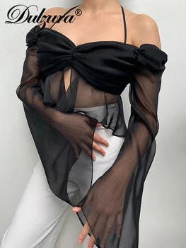 Dulzura Cietā Bell Garām Piedurknēm Pavada Šifona Krekli Savirmot Kultūraugu Top Mežģīņu Augšu Elegants Sexy Streetwear Ir 2021. Klubs Festivāls