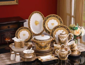 Eiropas glazētas ķīnas kaulu porcelāna trauki set 58 vadītājs keramikas Rietumu galda plāksnes bļoda, karote kafijas komplekts