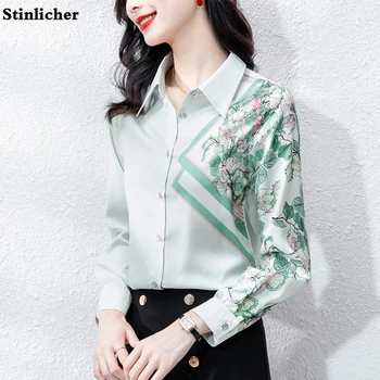Elegants zaļu ziedu drukāt satīna zīda krekls, sieviešu blūze pavasara rudens garām piedurknēm OLA biroja dāmas darba krekls topi apģērbi