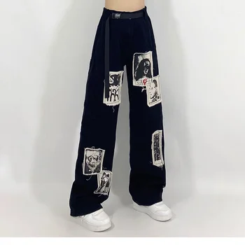Emo Grunge Goth, Punk Raibs Melni Džinsi Sievietēm Hip Hop Streetwear Drukāt Lielizmēra Plaša Kāju Bikses 90s Vintage Modes Bikses