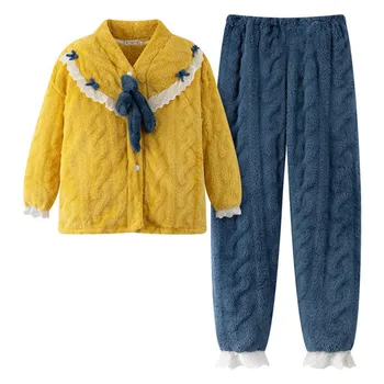 Fdfklak Sabiezēt Plus Samta Coral Fleece Mājās Pakalpojumu Sleepwear Ziemas garām Piedurknēm, Garās Dāmas Pidžamu 2gab Sleepwear