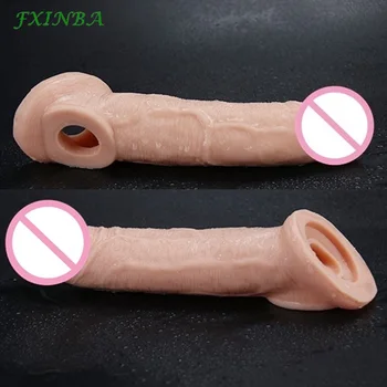 FXINBA 21cm Reāli Dzimumlocekļa Uzmava Extender Gailis Piedurknēm Kavēšanās Ejakulācijas Atkārtoti Prezervatīvu Penis Enlargement Pieaugušo Seksa Rotaļlietas Vīriešiem