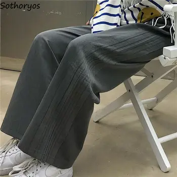 Gadījuma Bikses Sievietēm Plaša Kāju Cietā Aukliņu Šiks Harajuku Mopping Vienkāršs Brīvā laika Modes Visu maču Augsta Vidukļa Streetwear Retro