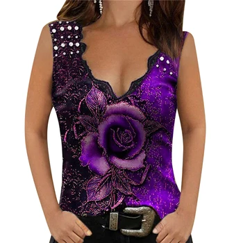 Gadījuma Jauno Vasaras Mežģīņu Apdare V-veida kakla Iespiesti Kamzolis T-krekls Plus Lieluma Sieviešu Piedurknēm Top Modes Seksīgs Apģērbs