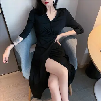 Gadījuma Sadalīt Kleita Sieviešu Rudens Cietā Elegants Dizainers Midi Kleitu Sieviešu Slim Biroja Dāma korejas viengabala Kleita Sievietēm 2020 Jaunas