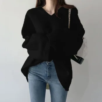 HAASKEW Sieviešu Džemperis korejiešu Versija Ir 2021. Jaunu Rudens Un Ziemas Zaudēt Gadījuma vienkrāsainu V-veida kakla Trikotāžas Džemperis Top Džemperis