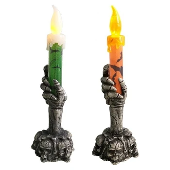 Halloween Skeleta Galvaskausu Rokā Stāv Svečturis Gaismas Lampa LED Flameless Retro