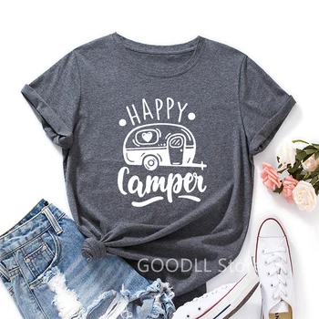 Harajuku Krekls Sievietēm T-Krekli Happy Camper Grafiskais Tee Sieviešu Vasarā Kokvilnas, ar Īsām Piedurknēm Ikdienas Topi Kawaii Drēbes