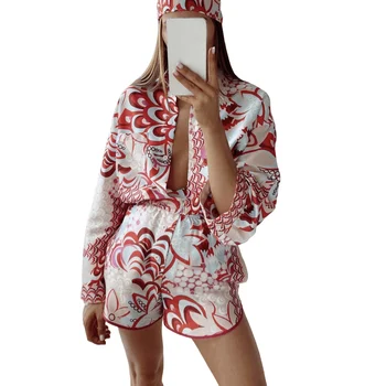 Hirigin Jaunu 3 Gab Sievietes Drukāts Apģērbs Pieaugušajiem Pogu uz leju ar garām Piedurknēm Savukārt Apkakle Krekls Ar Gadījuma Šorti + Lakatu
