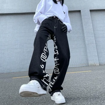 HOUZHOU Modernā Hip Hop Džinsi Sievietēm Streetwear Vēstuli Izdrukāt Baggy Taisni Melni Džinsa Bikses Vaļīgas Vintage Bikses Punk Harajuku