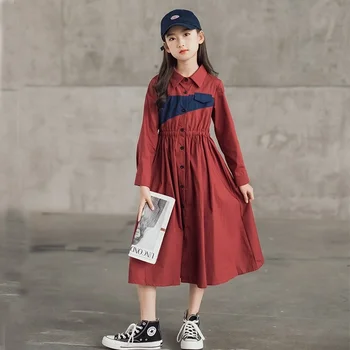 Ir 2021. Jaunu Pusaudžu Meiteņu Kleitu Bērnu Rudens Apģērbu Bērniem Kokvilnas Midi Kleitas Bērnu Pogu Apģērbu Divas Krāsas Pleķīšus,#6430