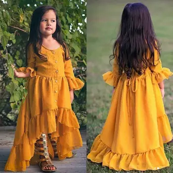 Ir 2021. Pavisam Jaunu Princese Modes Baby Toddler Meitenes Boho Puse Kleita Ilgi Izlīdzināšanu Piedurknēm Ruffles Asimetrisks Dzeltenā Kleita 1-ź5 y