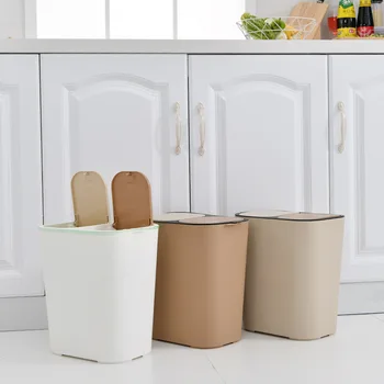 Ir 2021. radošo vienkāršām sadzīves virtuves, dzīvojamās istabas puses-nospiediet miskastes push-tipa dubulto vāku sortable plastmasas miskastes