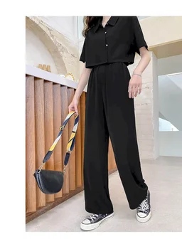 Ir 2021. Rudens Divi Gabali Komplekts Sievietēm Vasarā Korejas Īsām Piedurknēm Krekls, Sieviešu Melns Gadījuma Komplekti Uzvalks Melnā Blūze Plaša Kāju Bikses, Uzvalks