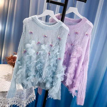 Ir 2021. Rudens Džemperi Un Puloveri Sievietēm Ar Garām Piedurknēm O-Veida Kakla Plānais Džemperis Sievietēm Frēzēšana Salds Ziedu Džemperis Femme Streetwear