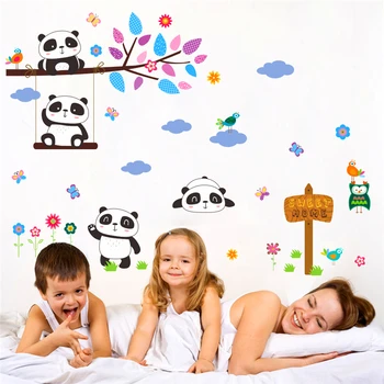 Jauki meža panda putni koku filiāli, sienas uzlīmes bērniem telpām bērnudārza telpu dekori karikatūra dzīvniekiem, sienas uzlīmes pvc sienas māksla