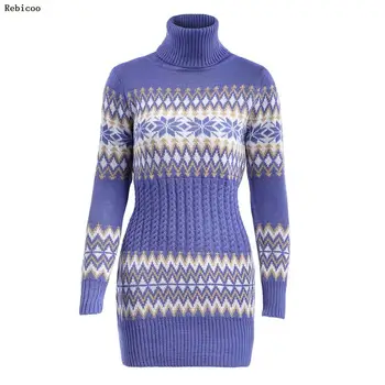 Jauna rudens ziemas augstu uzrullētu apkakli džemperis sievietēm, silts, brīvs garš džemperis kleita drukāšanas džemperi Ātra Piegāde