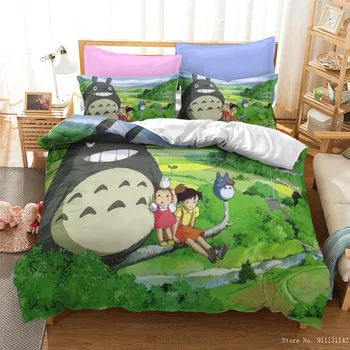 Jaunas multfilmas Totoro Gultas Komplekts 3D Animācijas Radošo Bērnu Guļamistaba Dekorēšana Leju Sega Segtu Spilvendrāna Double Queen